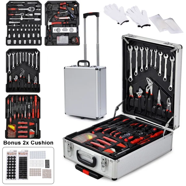 Composite of open aluminum tool case with wrenches, pliers and screwdrivers, closed trolley case and bonus cushion pads.