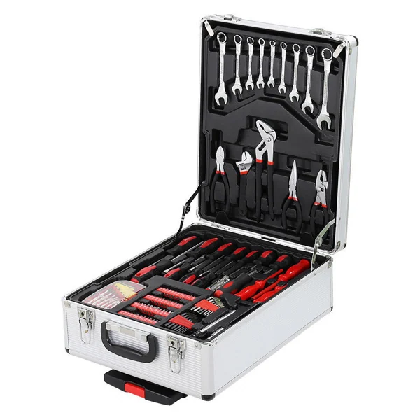 Open aluminum trolley case tool set with wrenches, pliers, screwdrivers and socket bits neatly arranged inside
