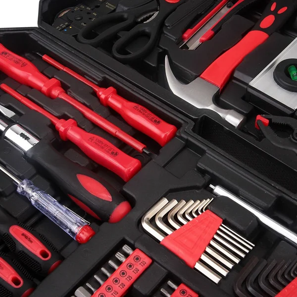 Detail of the pressure gauge and wrenches inside the tool set