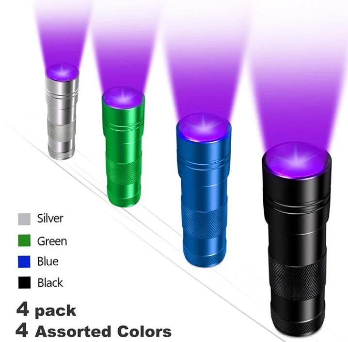 Four UV LED flashlights in silver, green, blue and black emitting purple ultraviolet light beams, labeled 4 pack assorted colors