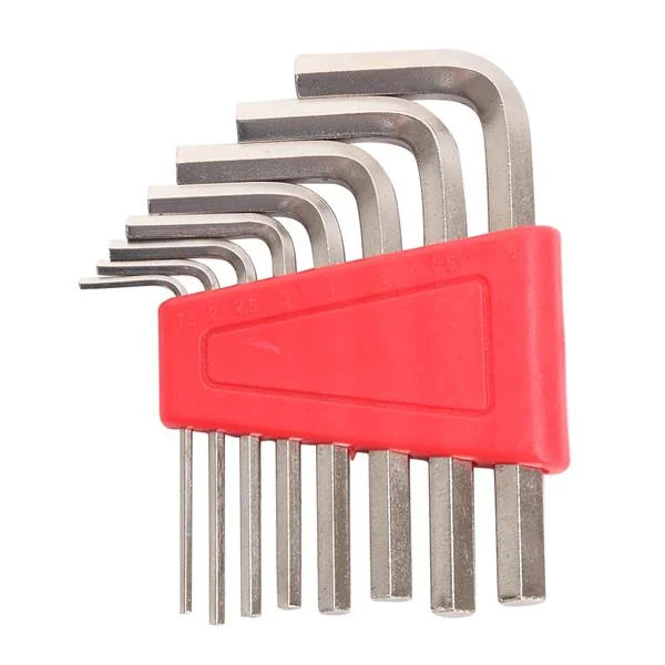 Set of metal Allen wrenches held in a red plastic holder on a white background