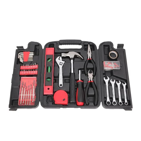 Open black carrying case of a 136-piece red tool set with hammer, pliers, wrenches, screwdrivers and hex keys, white background