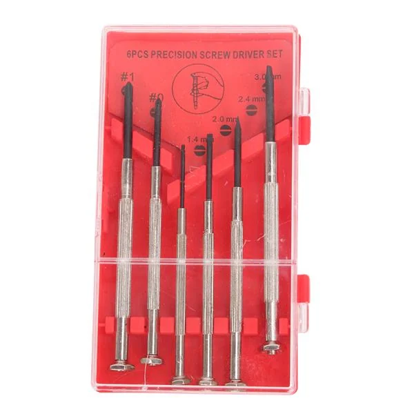 A set of six precision screwdrivers in a red and clear plastic case.
