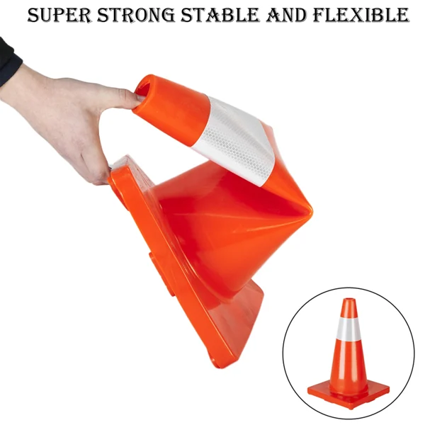 Hand bending a flexible orange traffic cone with white reflective band; inset shows cone standing upright