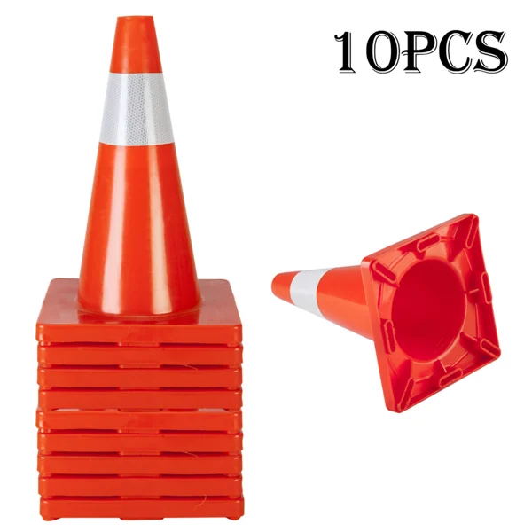 Stack of ten orange reflective traffic safety parking cones with one cone shown tipped over to display its square base