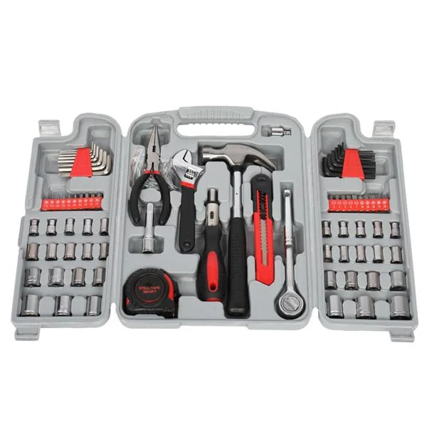 Open grey plastic case containing a complete 186-piece tool set with hammer, pliers, wrenches, and screwdrivers.