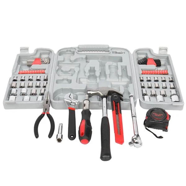 Open grey tool case with sockets and red-handled tools like hammer, pliers and tape measure on white background