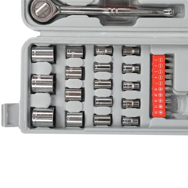 Full view of the tool set in the gray trolley case with the lid closed