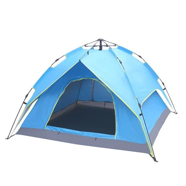 Blue 2-3 person automatic instant tent with double-layer tow-door open, mesh inner tent visible, isolated on white