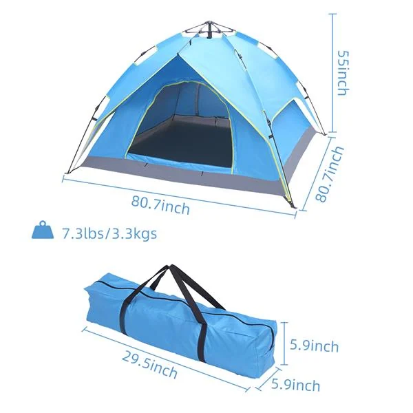 Blue pop-up tent with carry bag, dimension labels showing 80.7 x 80.7 x 55 inches and weight 3.3 kg
