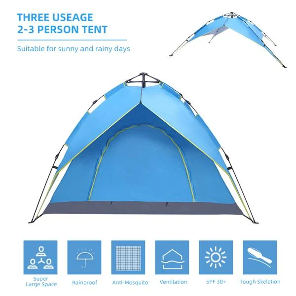 Blue 2-3 person automatic pop-up tent shown front view on white background with feature icons and text overlay.