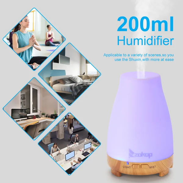 200ml humidifier graphic showing mist, purple light, and lifestyle scenes like yoga and office.