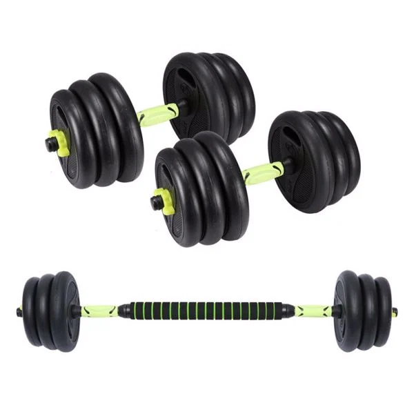 Adjustable 20kg dumbbell weight set with black plates shown assembled as two dumbbells and one barbell