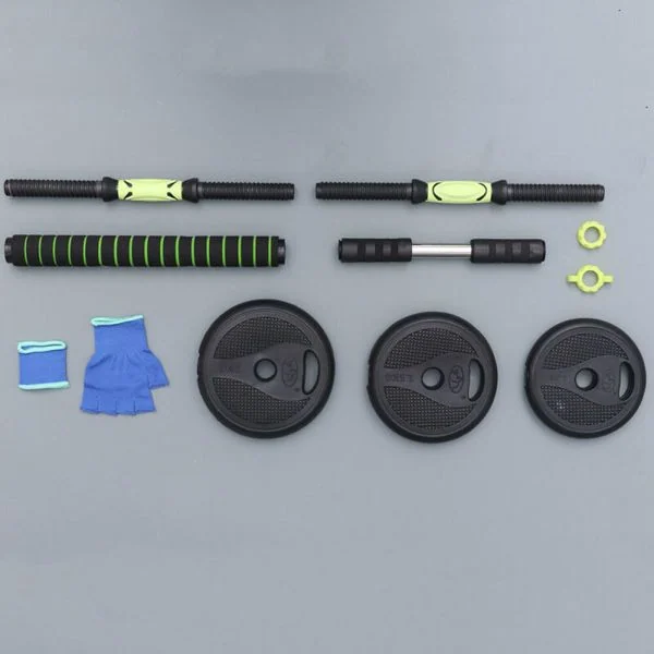 Top-down view of the dumbbell set showing the weight pad layout and handlebar shape