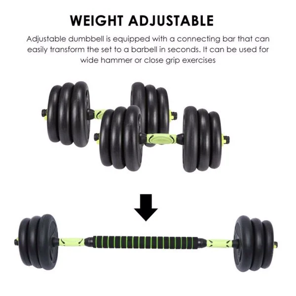 Adjustable 20kg dumbbell set with green accent plates shown converting into a barbell using a connecting bar