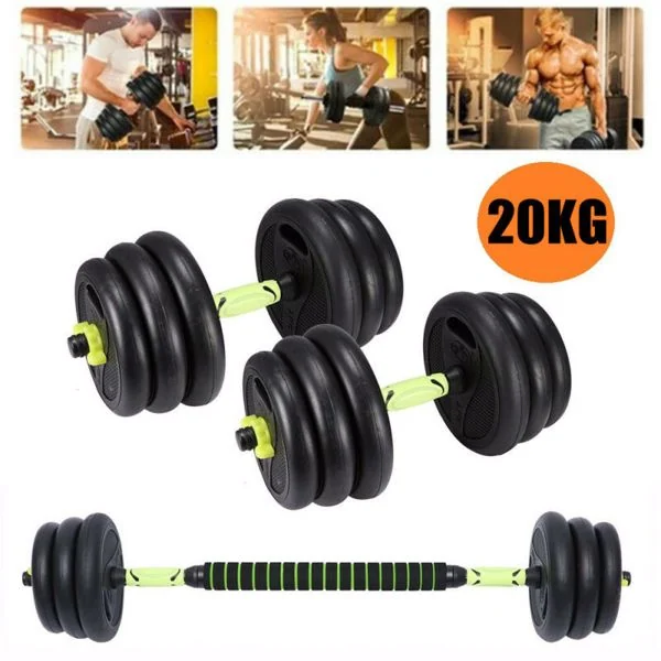 Adjustable 20kg dumbbell set with black weight plates and green bars, shown as dumbbells and assembled barbell.