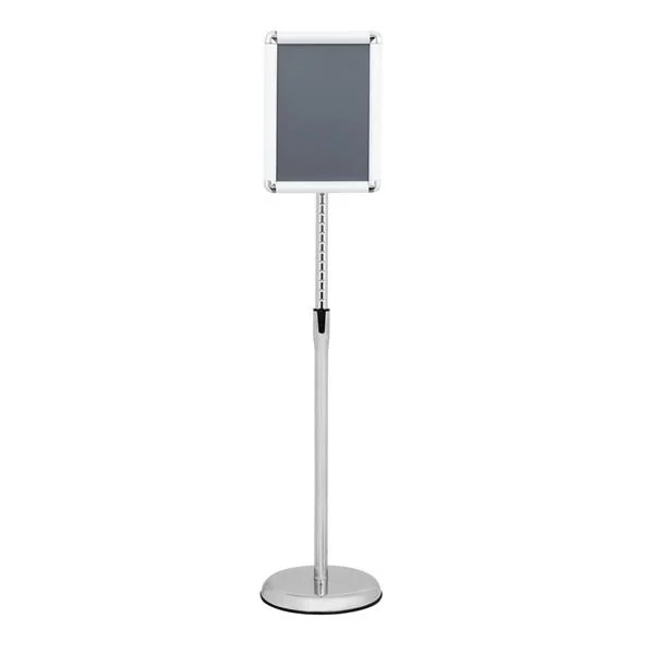 Silver aluminum adjustable-height poster stand with snap-on A4 sign frame on round floor-standing base
