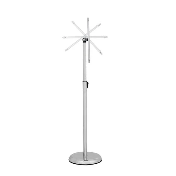 Silver adjustable poster display stand with four pivoting A4 sign arms atop a telescopic pole and round base, white background.