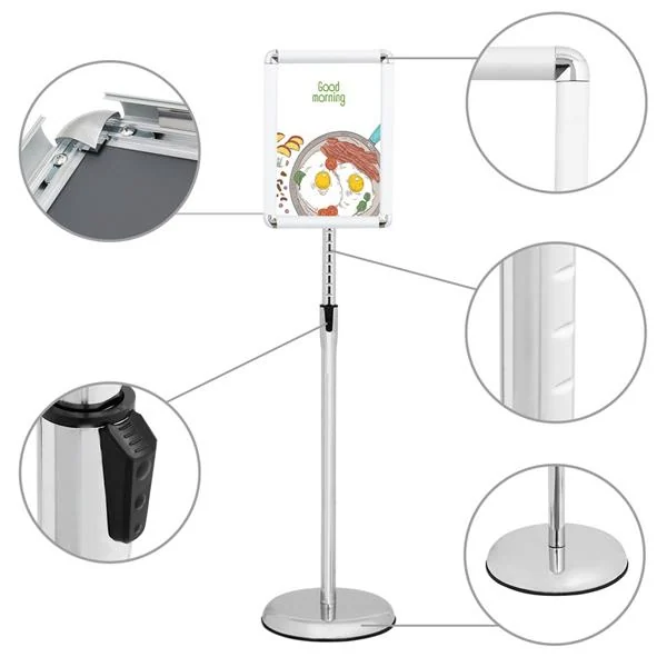 Diagram of a silver A4 poster stand with five circular insets detailing the frame, clamp, pole, and base.
