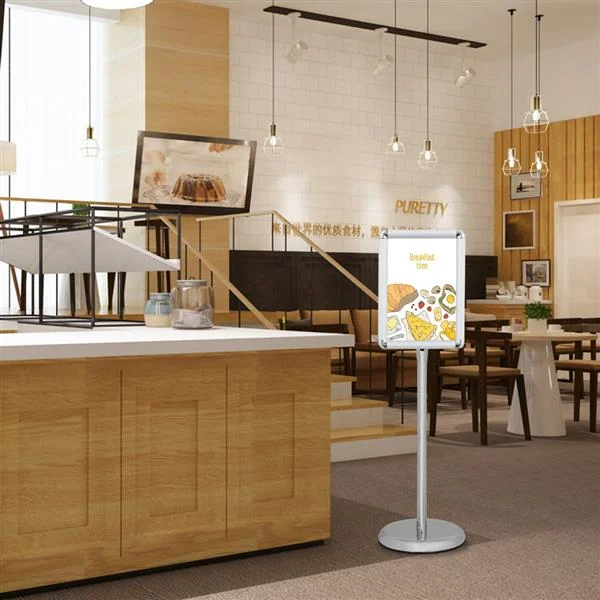 Poster stand placed in a retail store setting with a promotional graphic