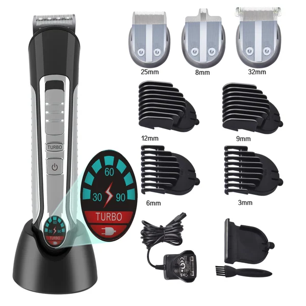Hair clipper kit with guide combs, cleaning brush, and charging base laid out