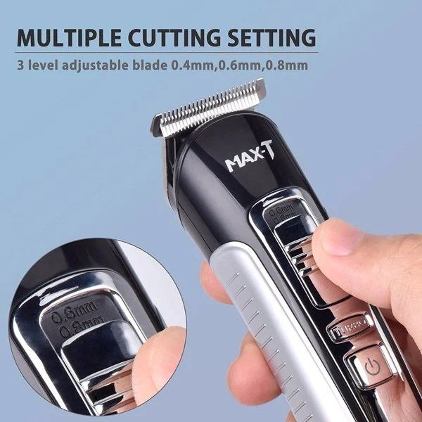 Hand holding MAX-T hair clipper with zoom inset showing adjustable blade settings 0.6mm and 0.8mm