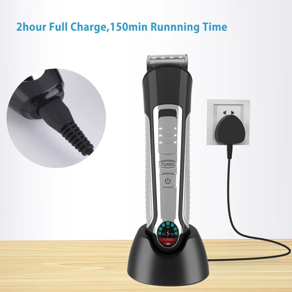 Cordless hair clipper standing in black charging dock on wooden counter, with inset close-up of charging plug and wall outlet