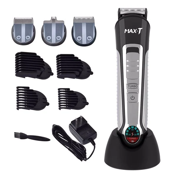 Black 3-in-1 hair clipper kit with guide combs, trimmer heads, charging stand, adapter and cleaning brush