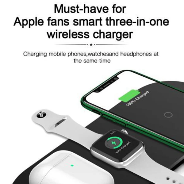 Infographic showing a 3-in-1 wireless charger with a phone, watch, and earbuds.
