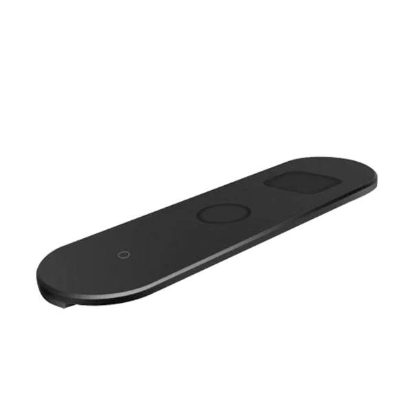 Slim black 3-in-1 wireless charging pad with three charging zones for phone, smartwatch and earbuds