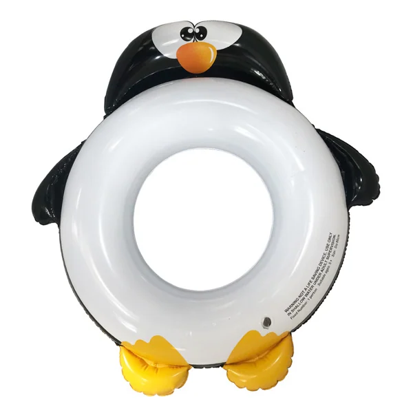 Inflatable penguin swim ring with white tube, black head, flippers, orange beak and yellow feet on white background