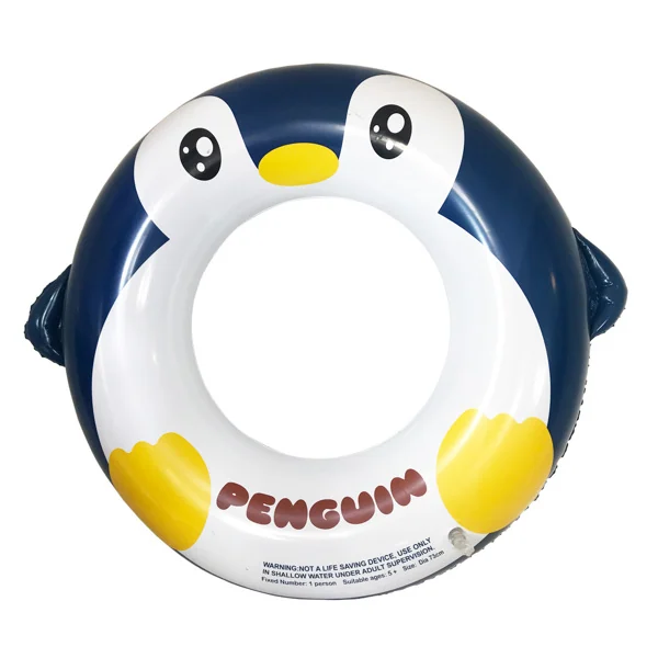 Child holding the penguin float in a swimming pool