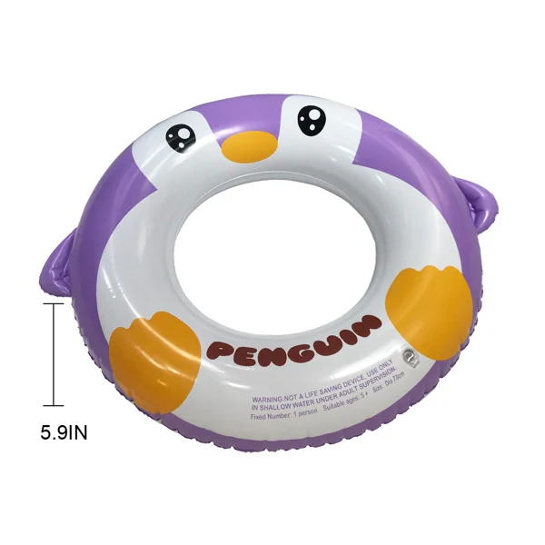 Purple inflatable penguin swim ring with cartoon eyes, orange beak and feet, 5.9 inches wide