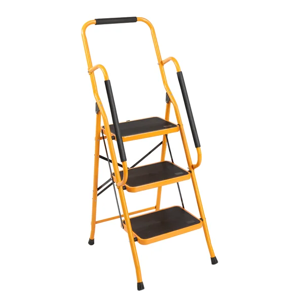 Yellow steel three-step folding ladder with padded handrails and black non-slip treads, shown on a white background