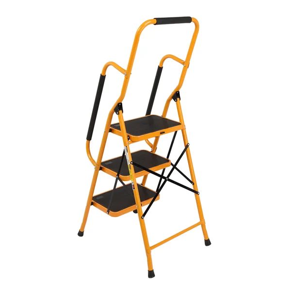 Three-step folding steel ladder with yellow frame, black anti-slip treads and padded handrails on a white background