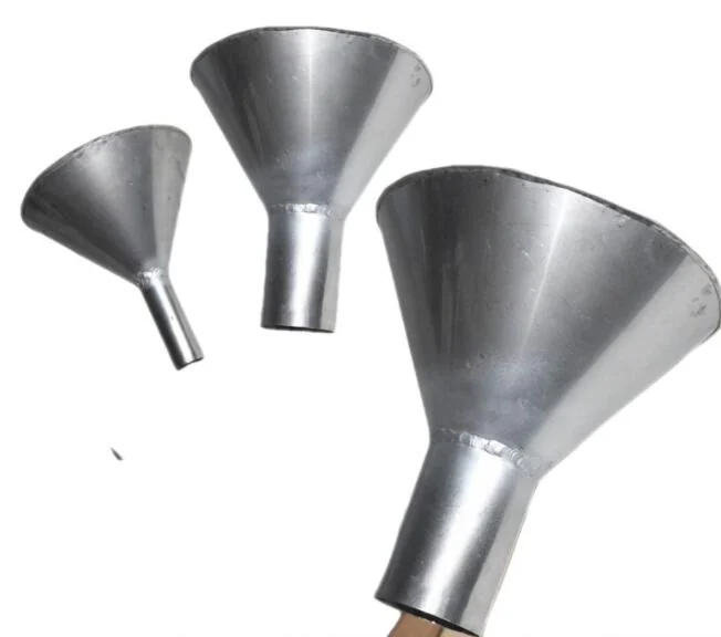 Three stainless steel oil funnels in small, medium and large sizes arranged on a white background