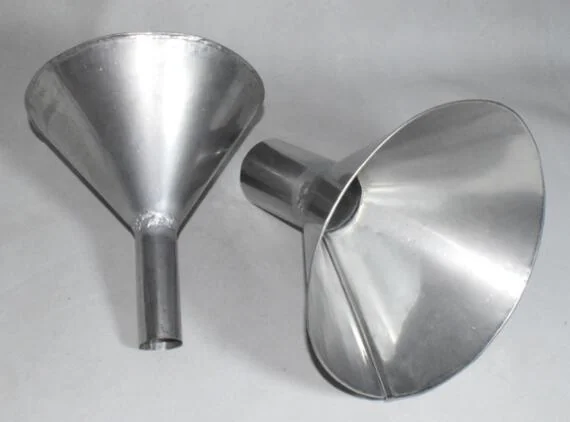 Two 304 stainless steel conical funnels with long spouts lying on a plain white background