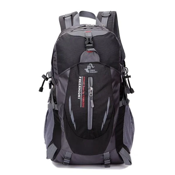 Black and grey 35L water-repellent outdoor hiking backpack with zip pockets, straps and buckles on white background