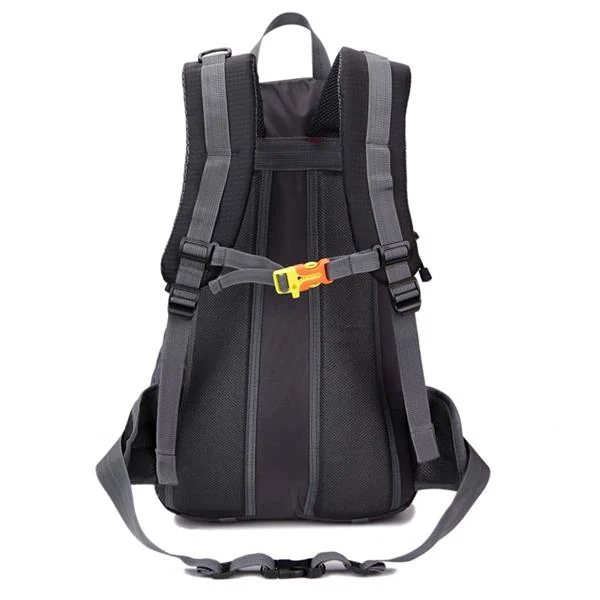 Back view of a black 35L outdoor sports backpack with padded mesh shoulder straps, sternum buckle and hip belt
