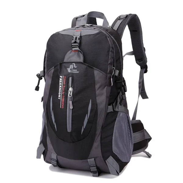 Black and gray 35L hiking backpack with front zip pocket, bungee cords and shoulder straps on a white background