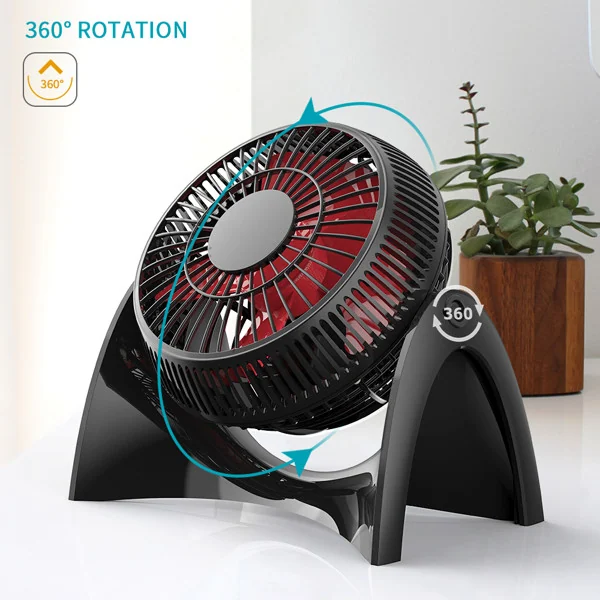 Black desktop fan with red blades, shown in a setting with a plant, featuring a graphic indicating 360-degree rotation.
