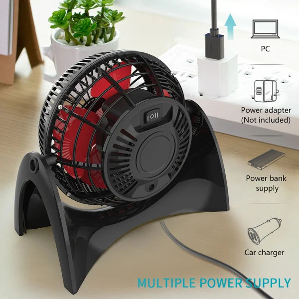 Black and red desktop fan with an infographic showing multiple power supply options including PC, adapter, and car charger.