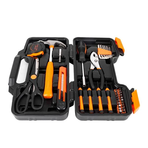 An open black carrying case containing a 39-piece orange and black tool kit with scissors, hammer, tape measure, screwdrivers, and pliers.