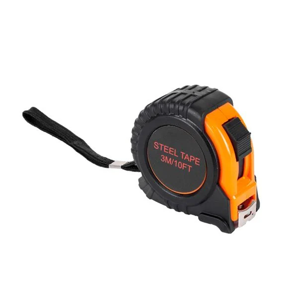 Orange and black 3m/10ft steel tape measure with wrist strap on a white background