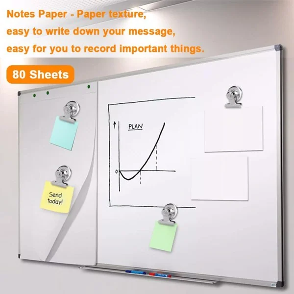 Set of 3D food magnets displayed on a whiteboard with notes attached