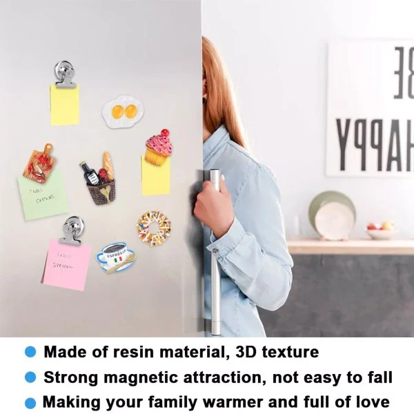 A woman opens a refrigerator door covered with 3D resin food magnets, including a fried egg, cupcake, and donut, holding notes.