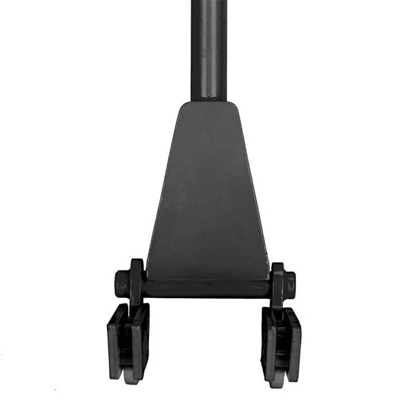 Close-up of black pallet buster tool head with dual pry claws and triangular steel plate on tubular handle