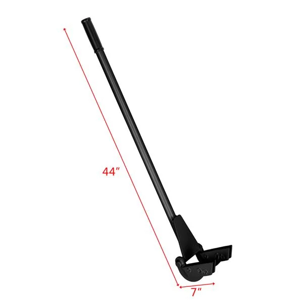Black 44-inch pallet buster tool with nail-removal crowbar head on white background, dimension labels shown