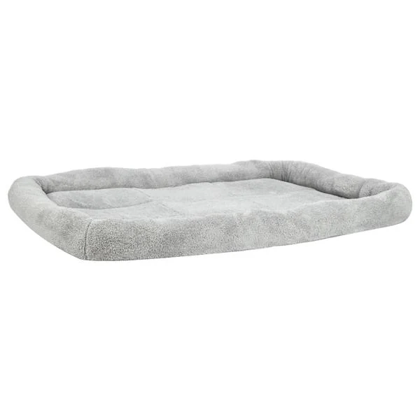 Dog lying on the mat in a living room setting with a clean, neutral background