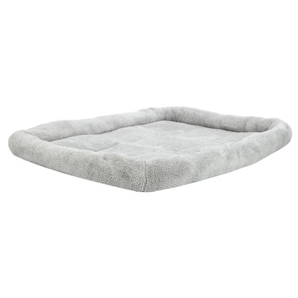Gray fleece rectangular pet dog bed mat with raised bolster edges, shown on a plain white background